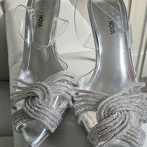 Fashion Nova Metallic Silver Knotted Heels